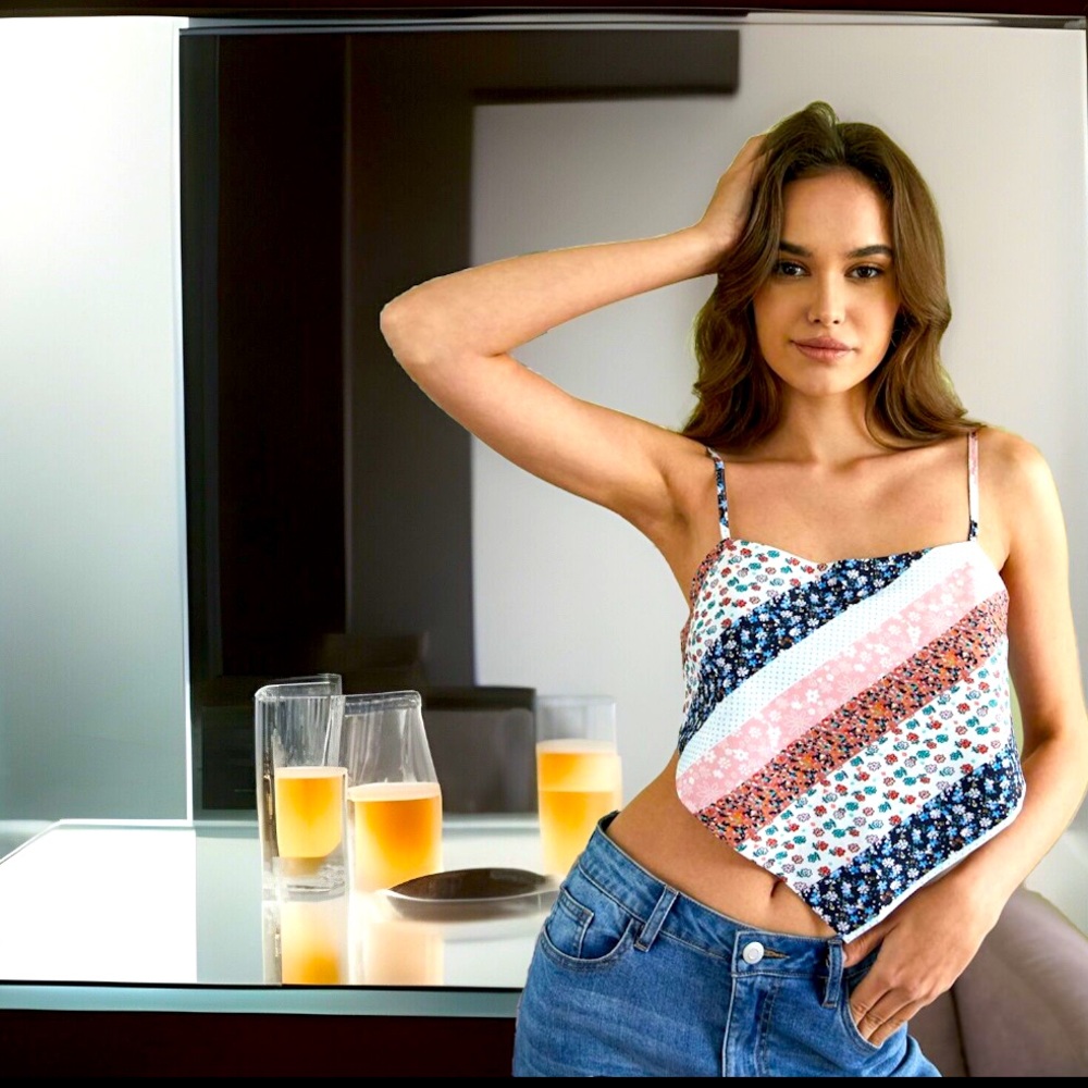 💋Ditzy Floral Bow Back Bandanna Asymmetrical Spaghetti Straps Crop Camisole Top